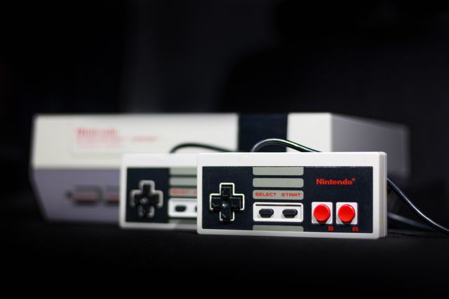 Picture the original NES console with 2 controllers