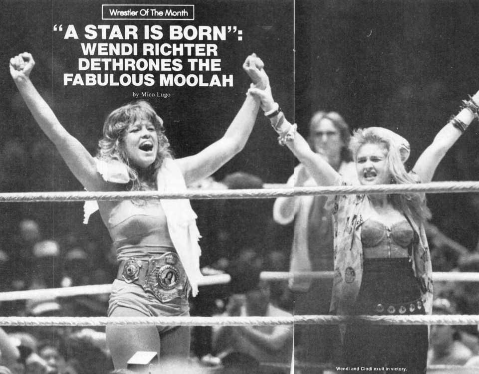 Wendi Richter (left) and Cyndi Lauper (right) celebrate, circa 1984