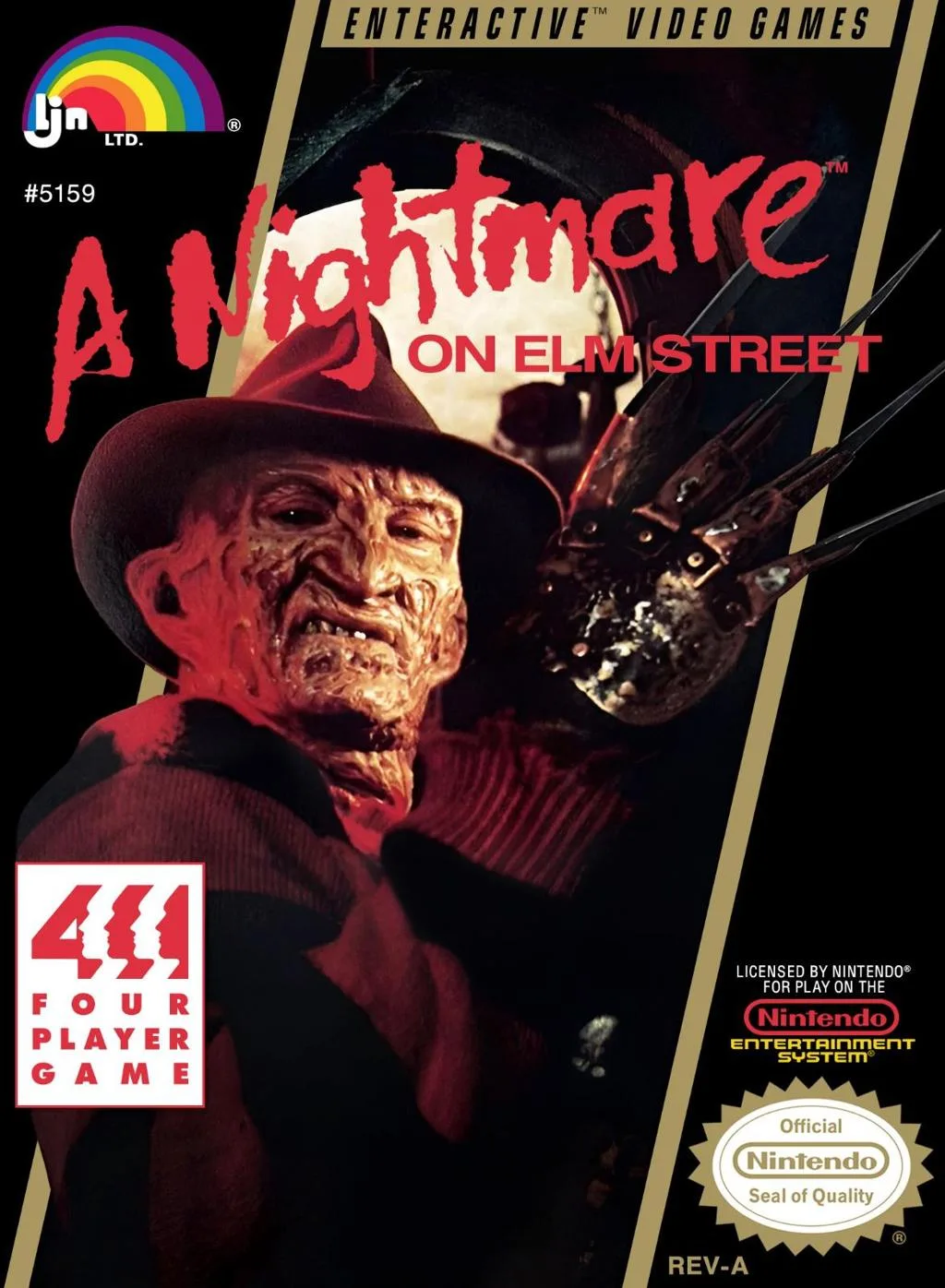 The NES box cover for A Nightmare on Elm Street with LJN branding and a four-player emblem.