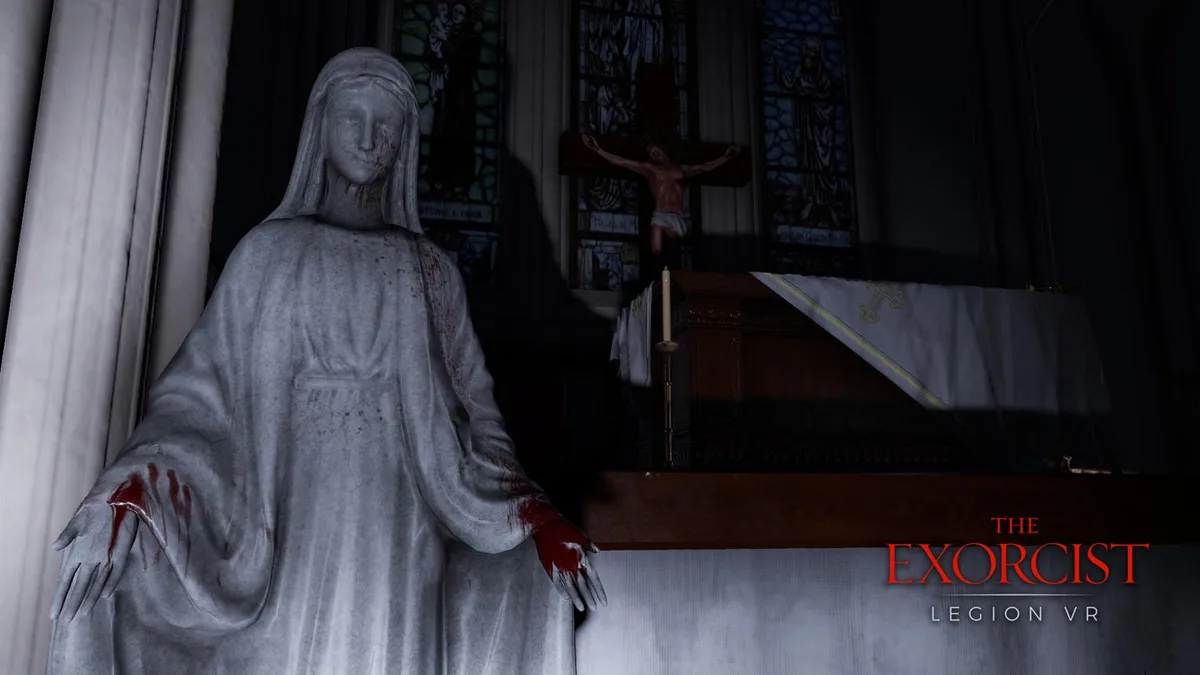 Historical The Exorcist: Legion VR imagery shows a disturbing figure in a dim bedroom.