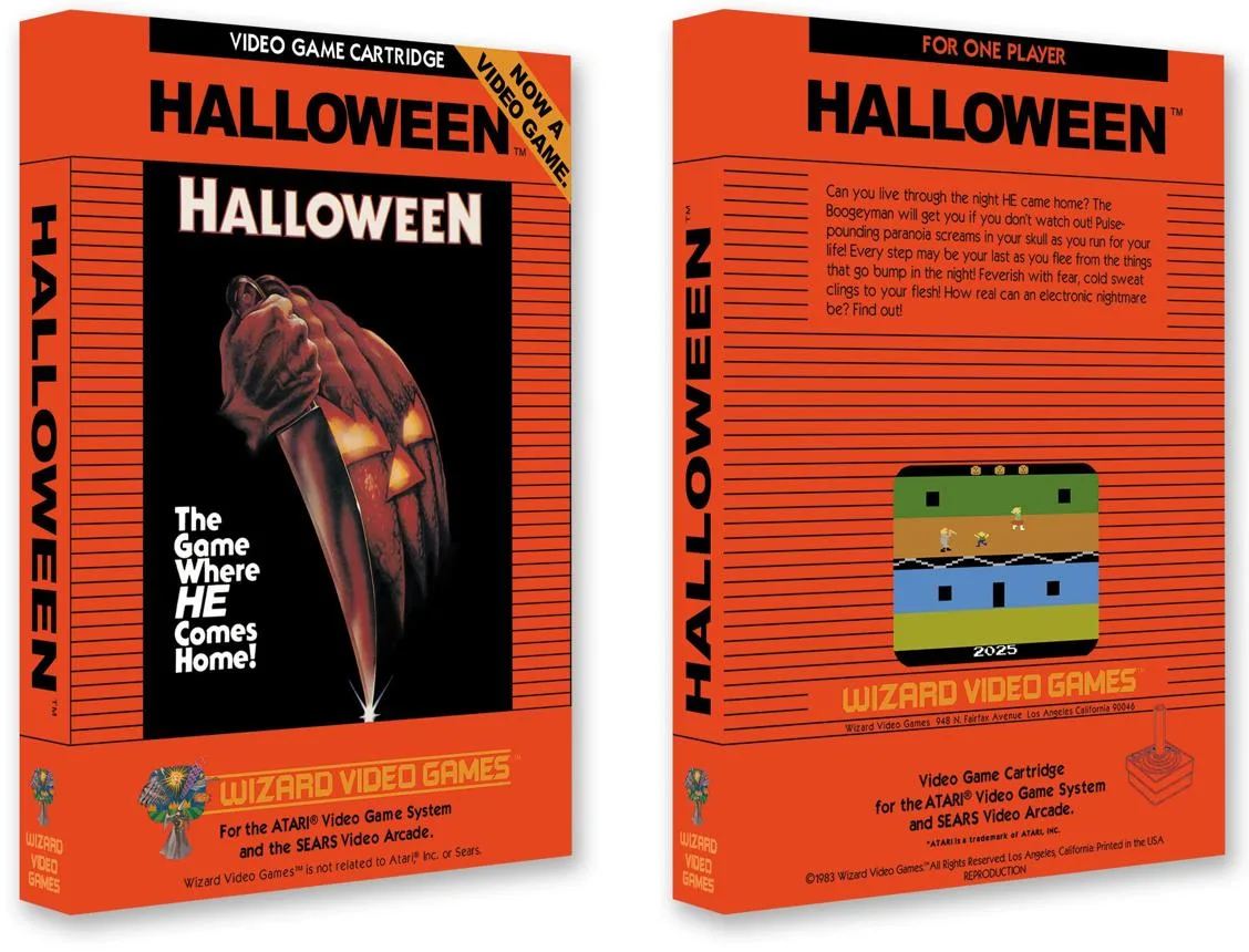 A red reproduction box for Wizard Video Games’ Atari Halloween, shown from front and back.