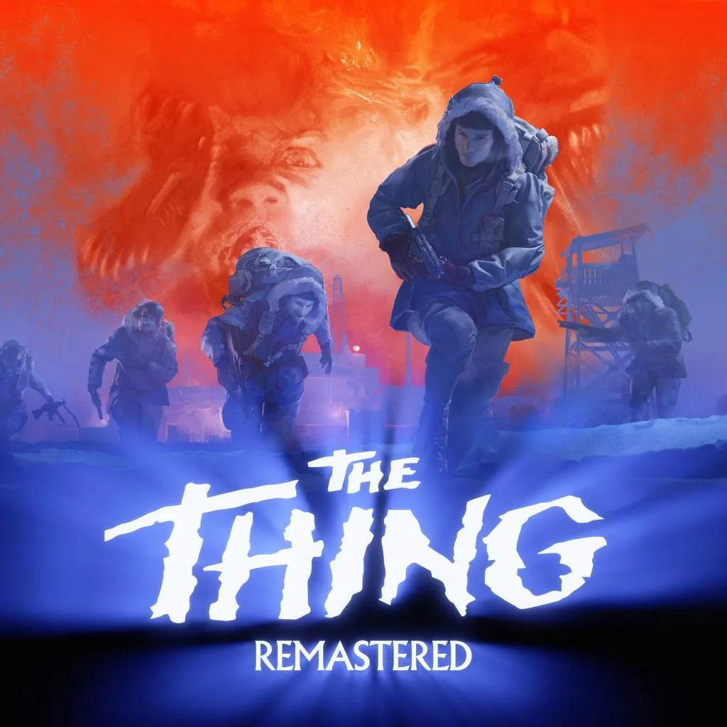 The Thing: Remastered artwork shows an armed squad against a blue and red frozen backdrop.