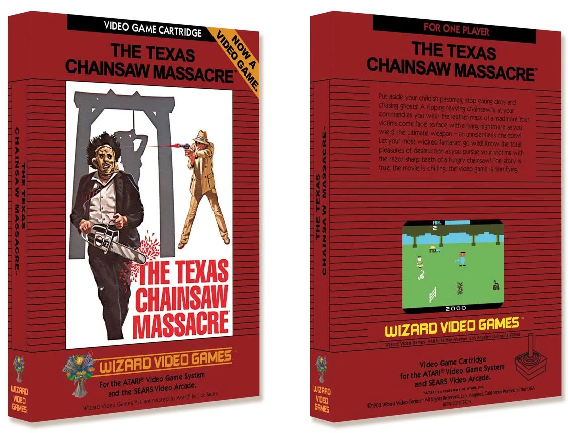 Reproduction Atari Texas Chainsaw Massacre packaging, with Leatherface and a small game screenshot.