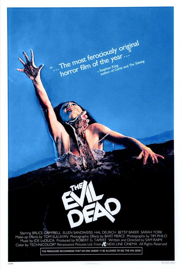 The Evil Dead poster artwork shows a hand emerging from the ground toward a woman.