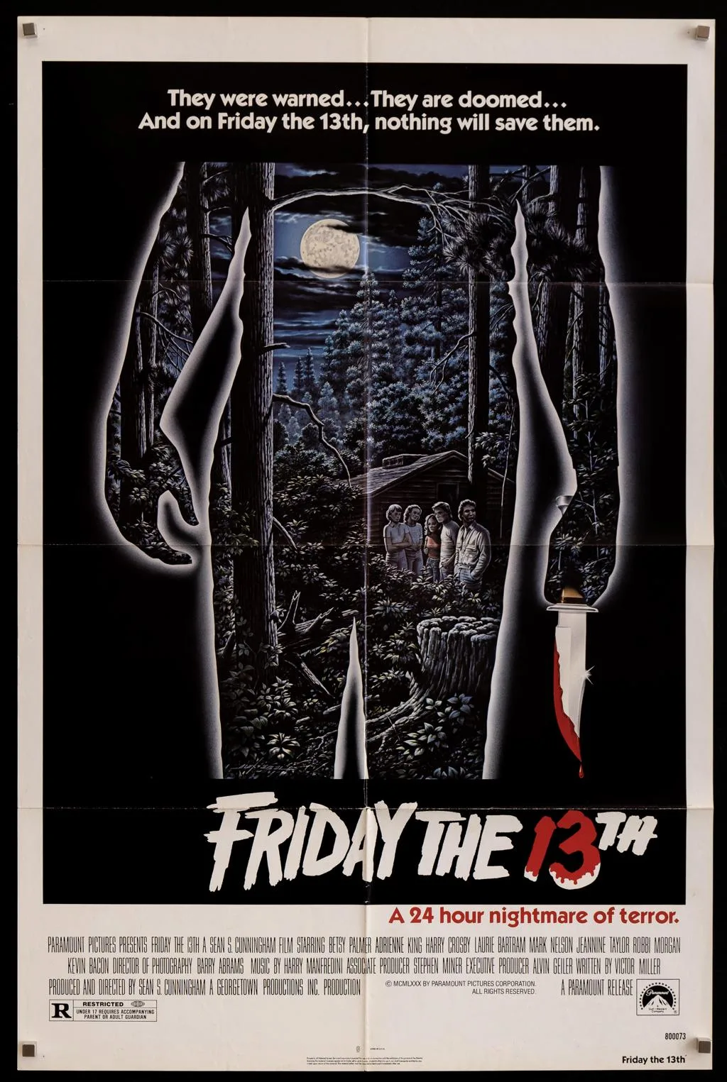 The 1980 Friday the 13th poster frames a wooded camp and its counselors inside the silhouette of a knife-carrying figure.