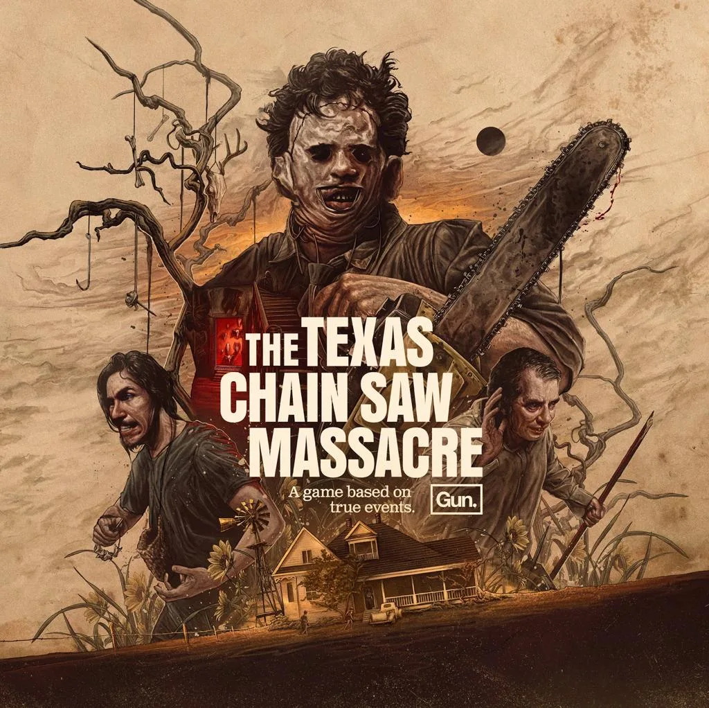 An illustrated Leatherface holds a chainsaw above characters from The Texas Chain Saw Massacre game.