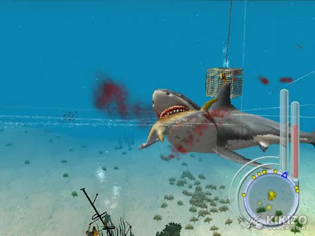 Jaws Unleashed shows the playable shark attacking beside an underwater cage.