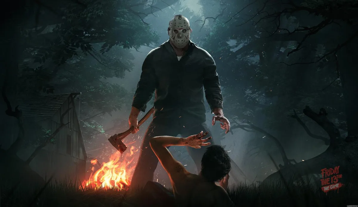 Promotional artwork for Friday the 13th: The Game shows Jason looming over a counselor in a dark forest.