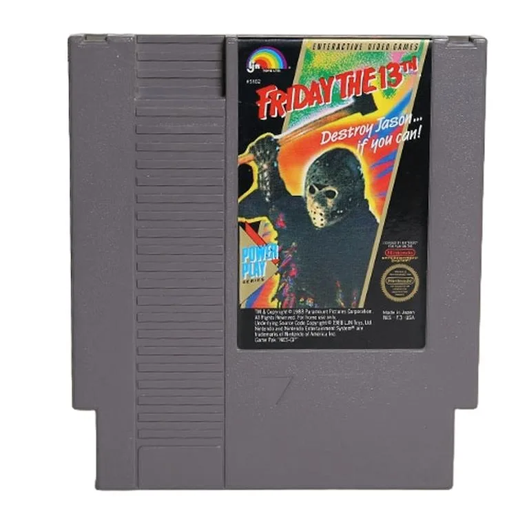 An original Friday the 13th NES cartridge with LJN's rainbow logo and a masked Jason on the label.