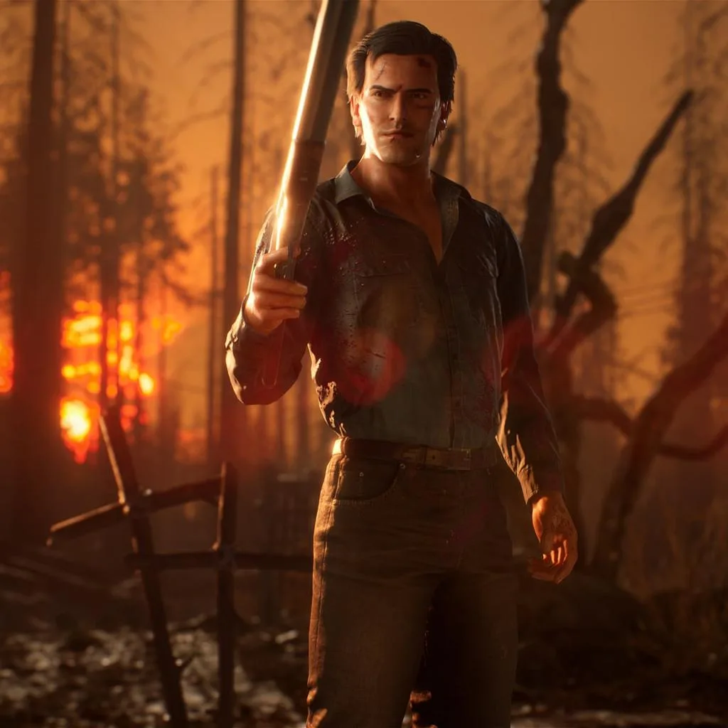 Ash Williams holds a firearm inside a burning scene from Evil Dead: The Game.